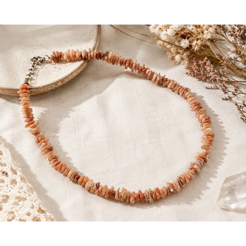 Vintage Peach Pink Natural Stone Chip Necklace Boho Earthy Festival Hippie